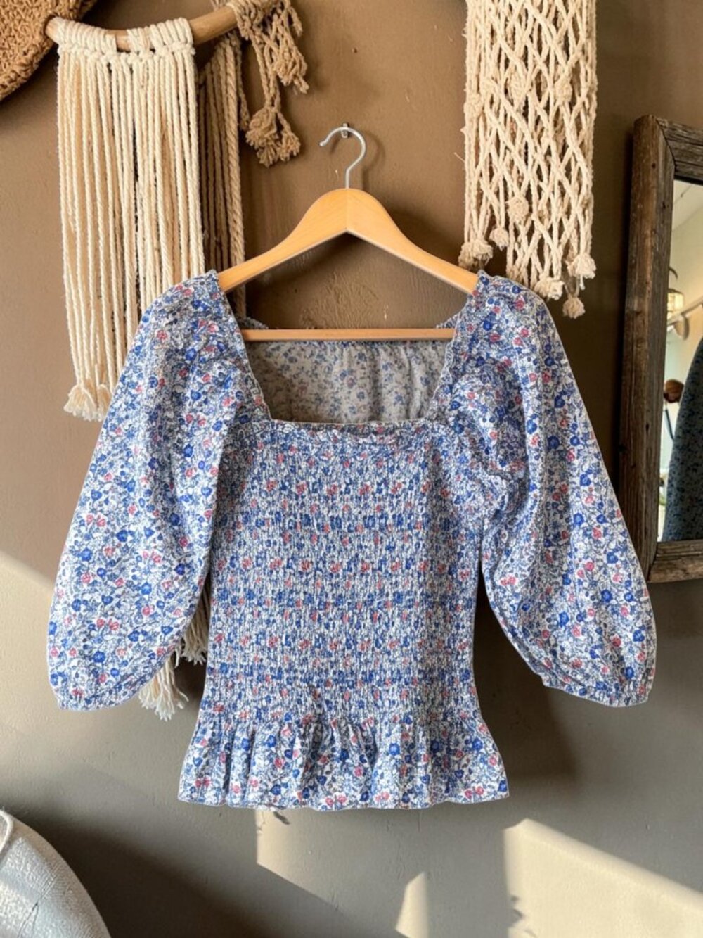 Sugar + Lips Large Floral Smocked Puff Sleeve Peasant Crop Top